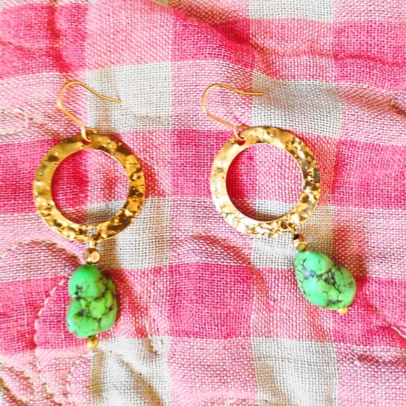 Handmade Jewelry - Hammered Green Turquoise Earrings
